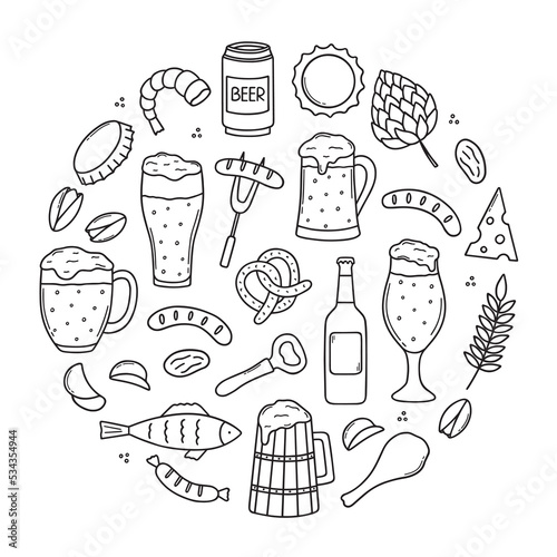 Hand drawn set of beer and snacks doodle. Brewery in sketch style. Vector illustration isolated on white background