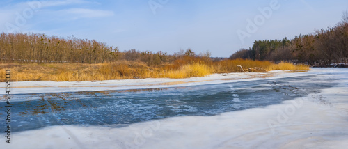 small melting river at bright winter day  winter seasonal outdoor landscape