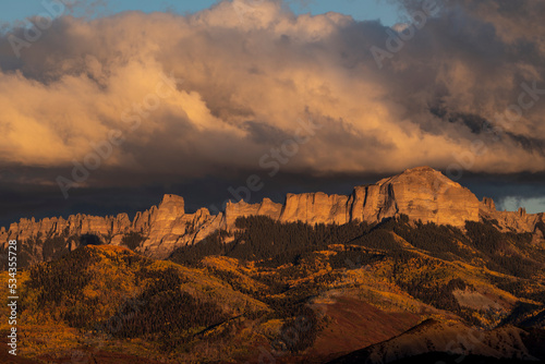 USA  Colorado  Uncompahgre National Forest. Panoramic autumn view of Cimarron Mountains at sunset.