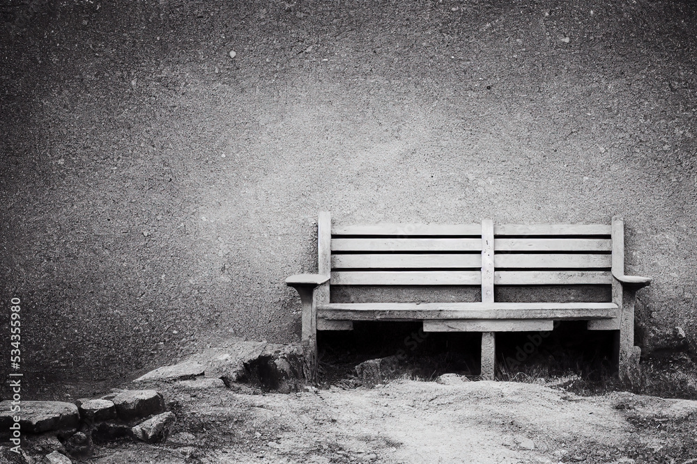 Dusty wooden bench stood by the stone wall. AI-generated image, not based on any actual scene