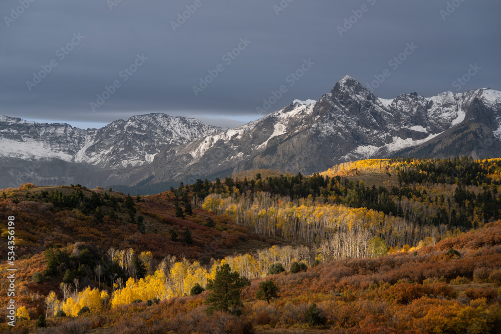 USA, Colorado, Uncompahgre National Forest. Snowy Sneffels Range and autumn forest.