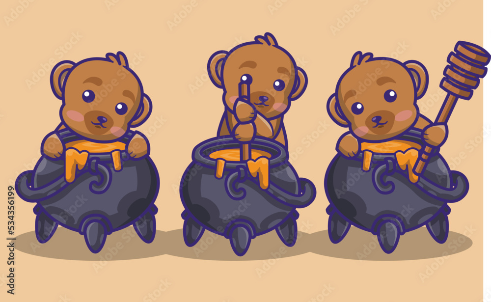 Fototapeta premium cute bear and a big couldron and honey bundle