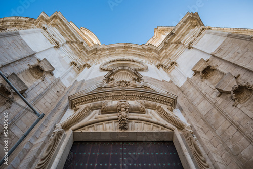 Perspective of the facade of the Cathedral of La Santa Cruz with details of religious ornaments, Cádiz SPAIN