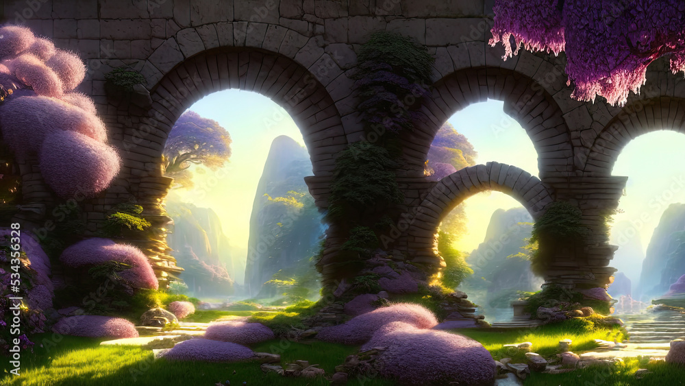 Fairytale garden with stone arch and lilacs. Fantasy landscape, lilac bushes, stone arch, portal, entrance, unreal world. 3D illustration Fairytale garden with stone arch and lilacs. Fantasy landscape, lilac bushes, stone arch, portal, entrance, unreal world. 3D illustration