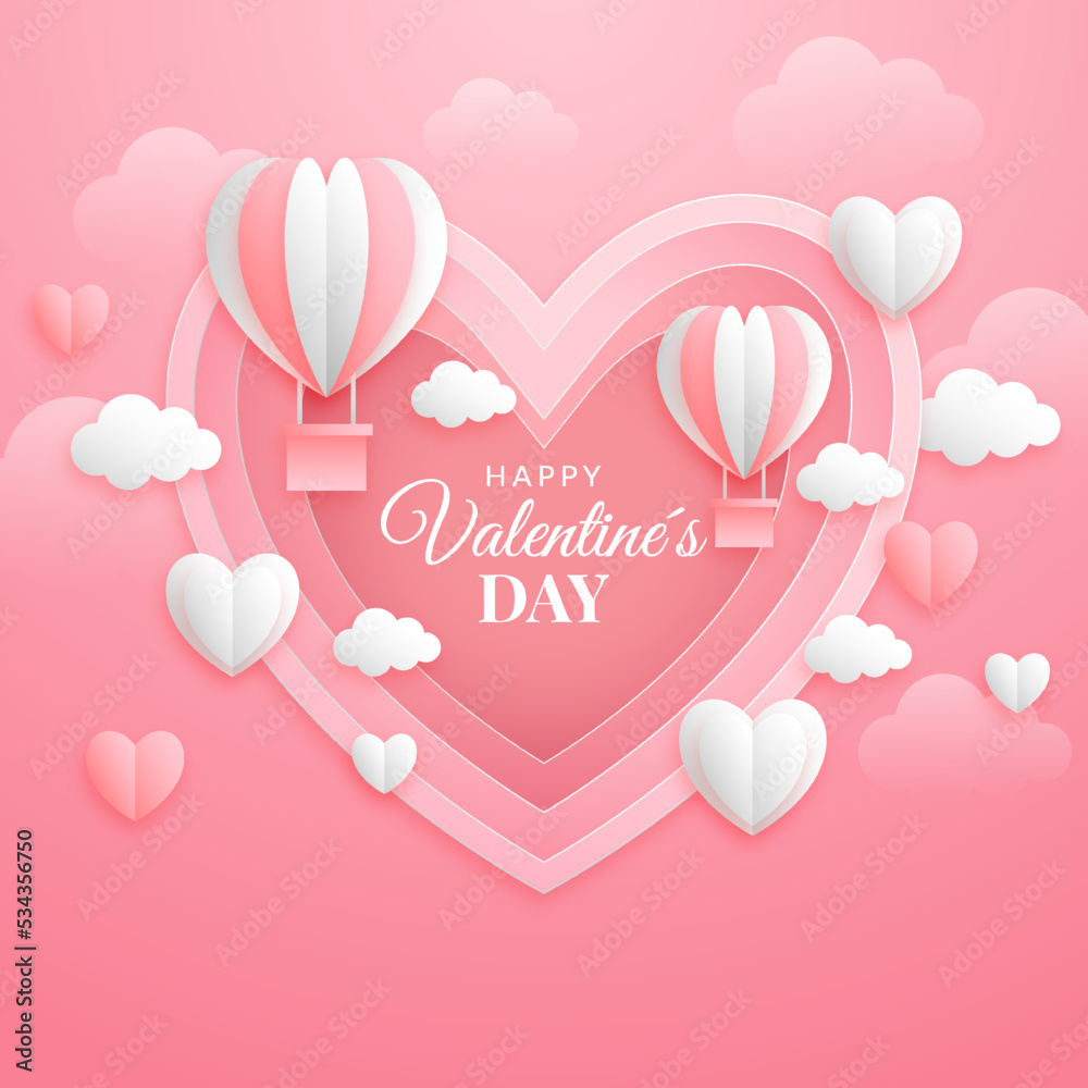 Vector Saint valentines day greeting card with roses on red background. Printable template 3d happy valentines day in paper cutout style on pink background