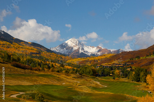 Snowmass golf course with view of Mt. Daly in autumn. photo