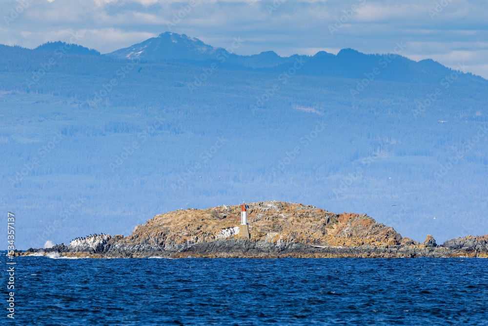Nanaimo view of lighthouse, sea, island and mountains