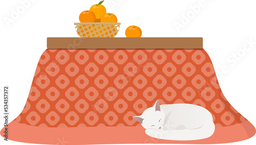 こたつとみかんと丸くなる猫_ベクターイラスト