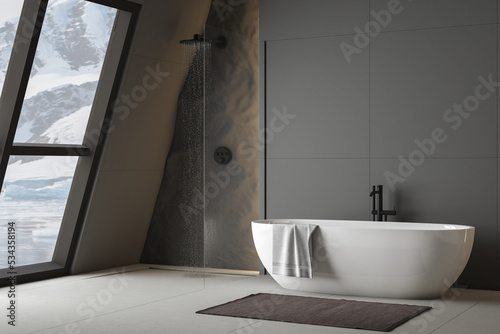 Modern bathroom interior with concrete floor  white oval bathtub and white basin  shower  plant and snowy mountain view from windows. Minimalist bathroom with modern furniture. 3D rendering