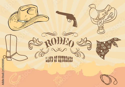 Cowboys icons set .Set of colorful doodle on paper background