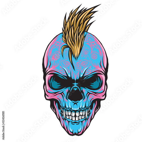 Pink and blue skull, yellow mohawk hair