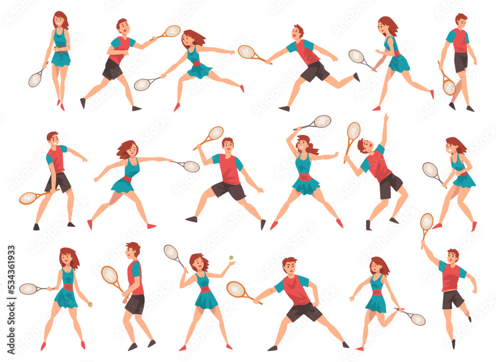 Man and Woman Playing Tennis as Racket Sport on Court Big Vector Set