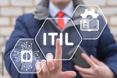 Businessman using virtual touchscreen presses abbreviation: ITIL. Concept of ITIL Information Technology Infrastructure Library. ITSM IT Service Management: Lean, Agile and DevOps Technology.