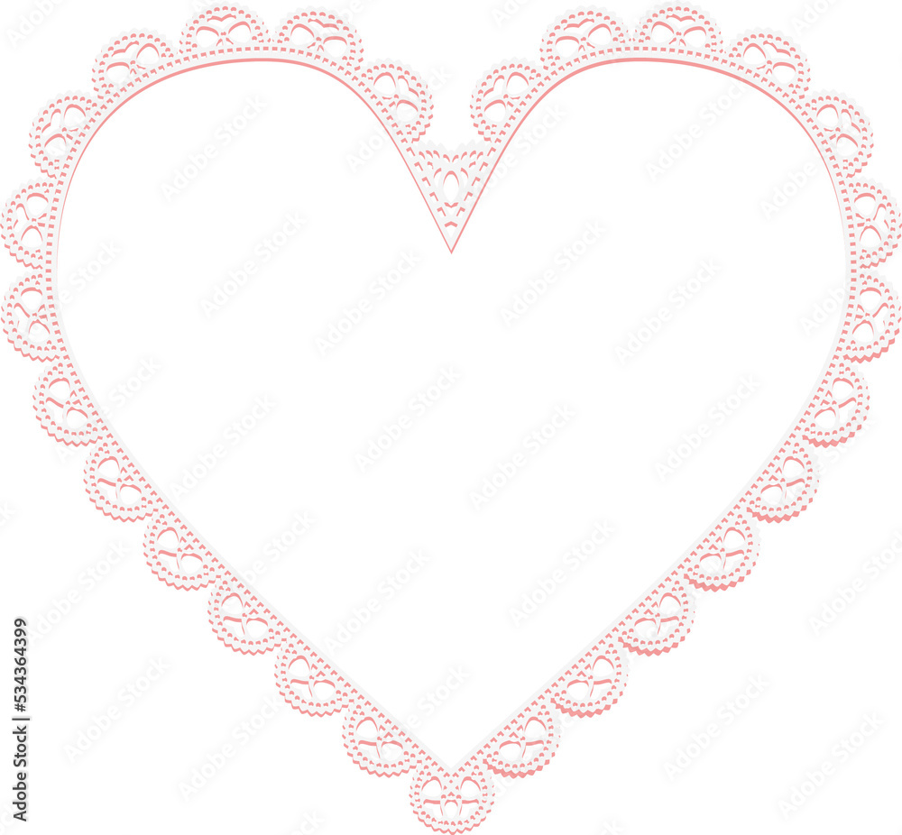 Openwork pink frame in the shape of lace hearts. Design element.