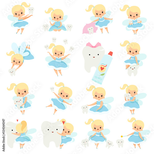 Cute Little Tooth Fairy with Blond Hair and Ponytail with First Baby Tooth Big Vector Set