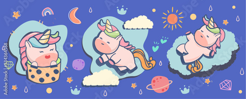 fantastic unicorn design elements for children  Cute unicorn kawaii cartoons in a minimal style with a large assortment of emoji character stickers to illustrate smile and happiness.