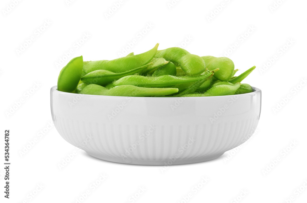 Bowl with green edamame pods on white background Bowl with green edamame pods on white background