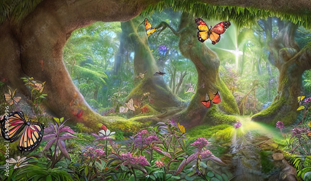 Children playing in a beautiful enchanted magic forest with big fairytale trees with big roots, great vegetation, flowing waterfalls, butterflies and flowers, rays of light, storybook illustration - obrazy, fototapety, plakaty 