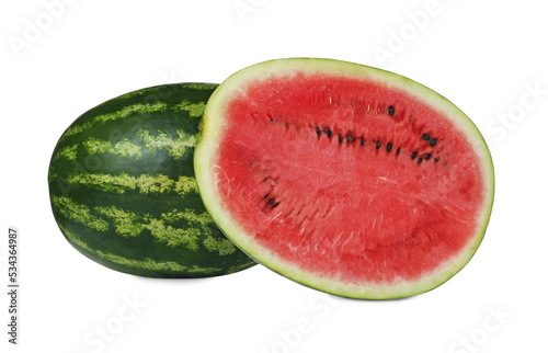 Whole and cut fresh juicy watermelons isolated on white