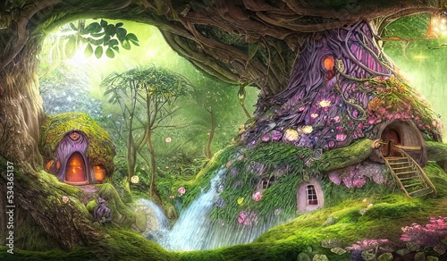 Fotografia Enchanted cute fairy tree house in an old tree, magical dream fantasy forest wit