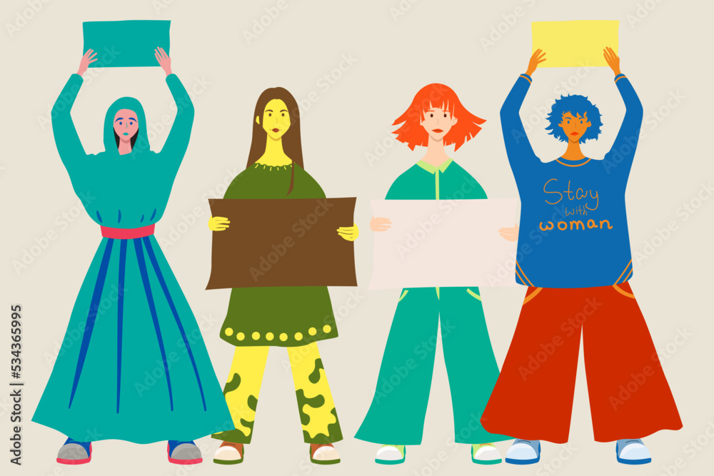 Four girls in full growth with a poster in their hands. Rally and protest in Iran, women's freedom. Vector isolated illustration in flat style