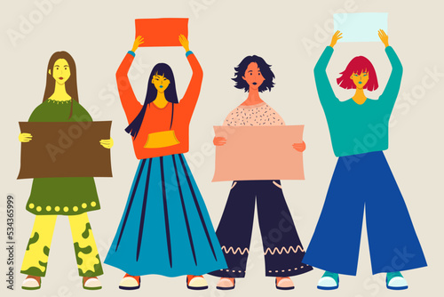 Four girls in full growth with a poster in their hands. Rally and protest in Iran, women's freedom. Vector isolated illustration in flat style