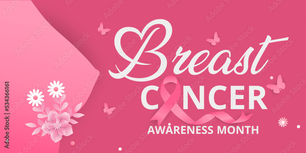 Realistic pink ribbon. Symbol of world breast cancer awareness month in October. paper cut style with flowers butterfly  and pink ribbon Vector illustration.