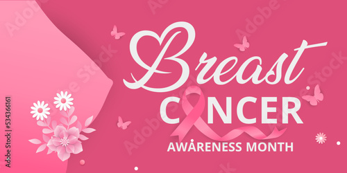 Realistic pink ribbon. Symbol of world breast cancer awareness month in October. paper cut style with flowers butterfly  and pink ribbon Vector illustration.
