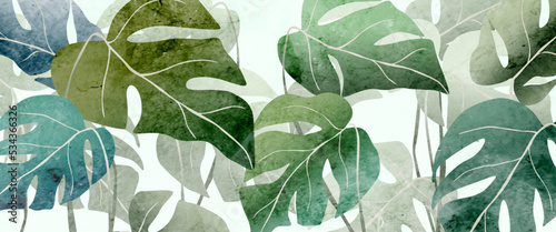 Tropical art background with exotic monstera leaves in a watercolor style. Botanical banner for decoration design, wallpaper, print, interior design, packaging.