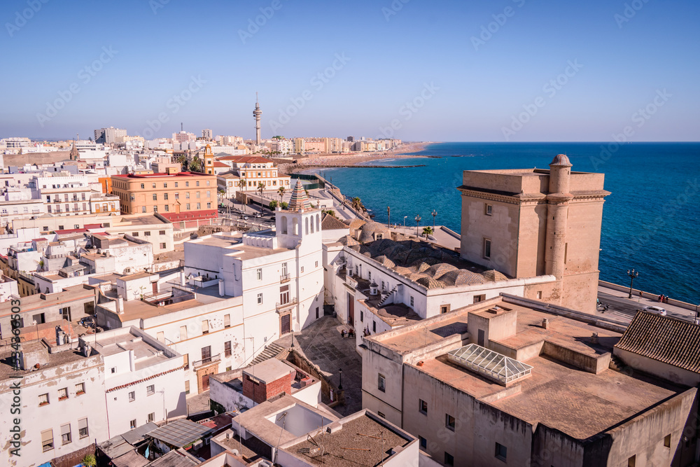 Roofs of houses and towers in aerial view in the town of Cádiz overlooking the Atlantic Ocean SPAIN