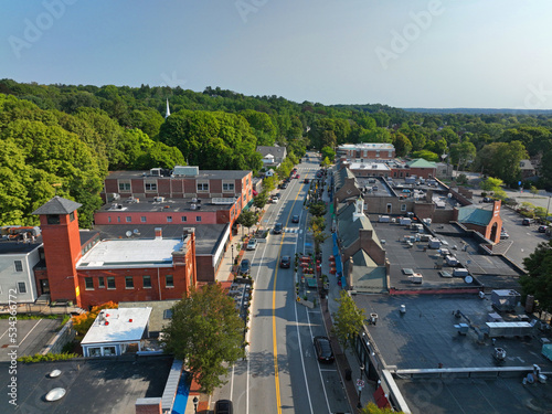 Belmont commercial center Leonard Street aerial view in historic center of Belmont, Massachusetts MA, USA.  photo