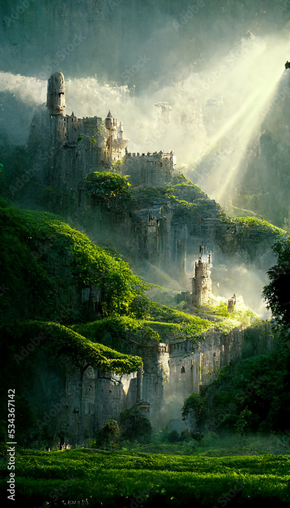 Fototapeta premium Beautiful castle illustration with lush greenery