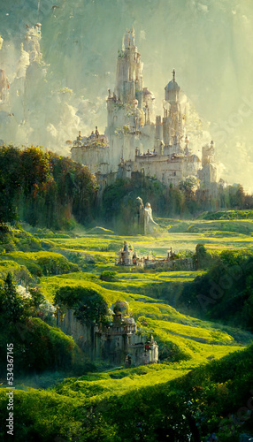 Beautiful castle illustration with lush greenery 