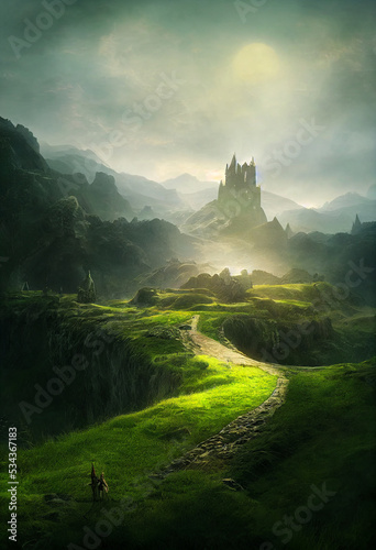 Beautiful castle illustration with lush greenery 
