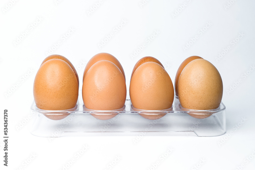 eight chicken eggs in a pocket on white background