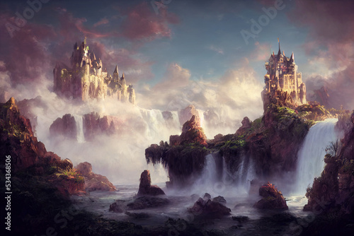 Beautiful castle waterfall illustration