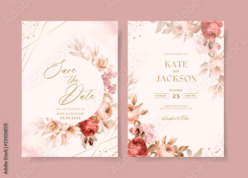 Wedding invitation template set with beautiful floral and leaves decoration