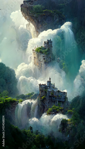 Beautiful castle waterfall illustration