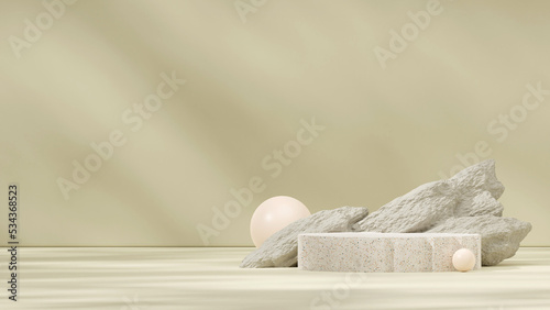 Mockup scene of terrazzo texture podium in landscape with green rock and brown ball 3d rendering
