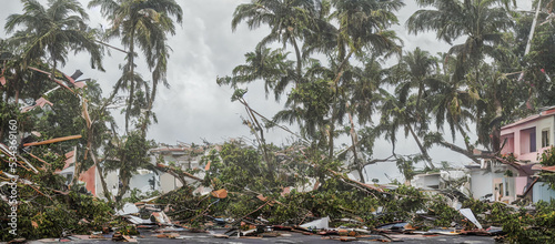 Hurricane caused a significant damage to houses and trees, 3d render