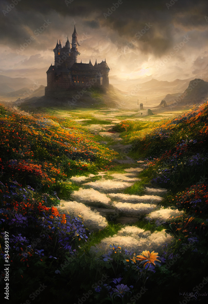 Beautiful castle illustration with flower field