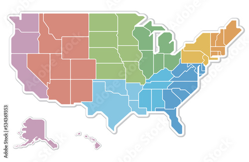アメリカ合衆国の地図 4地域と9地区の色分け カラフル