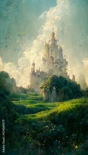 Beautiful castle illustration with flower field © Bridgette