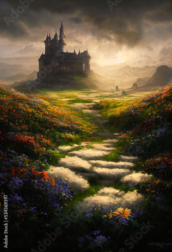 Beautiful castle illustration with flower field