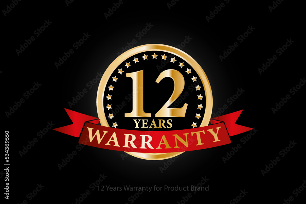 12 years golden warranty logo with ring and red ribbon isolated on black background, vector design for product warranty, guarantee, service, corporate, and your business. 12 years golden warranty logo with ring and red ribbon isolated on black background, vector design for product warranty, guarantee, service, corporate, and your business.