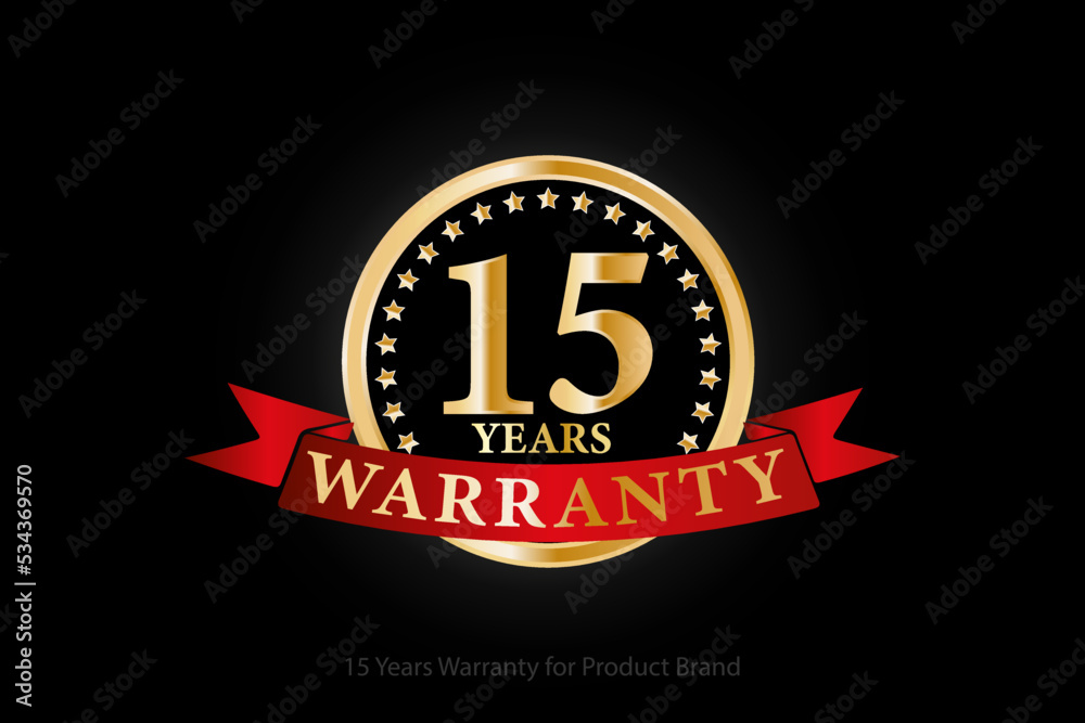15 years golden warranty logo with ring and red ribbon isolated on black background, vector design for product warranty, guarantee, service, corporate, and your business. 15 years golden warranty logo with ring and red ribbon isolated on black background, vector design for product warranty, guarantee, service, corporate, and your business.