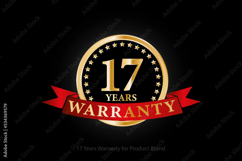 17 years golden warranty logo with ring and red ribbon isolated on black background, vector design for product warranty, guarantee, service, corporate, and your business.