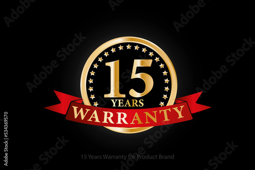 15 years golden warranty logo with ring and red ribbon isolated on black background, vector design for product warranty, guarantee, service, corporate, and your business.