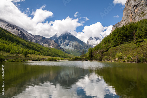 Shangri la, a panorama view of holy snow-clad mountain and green pine trees on mountains in Yading national level reserve, Daocheng, Sichuan Province, China.