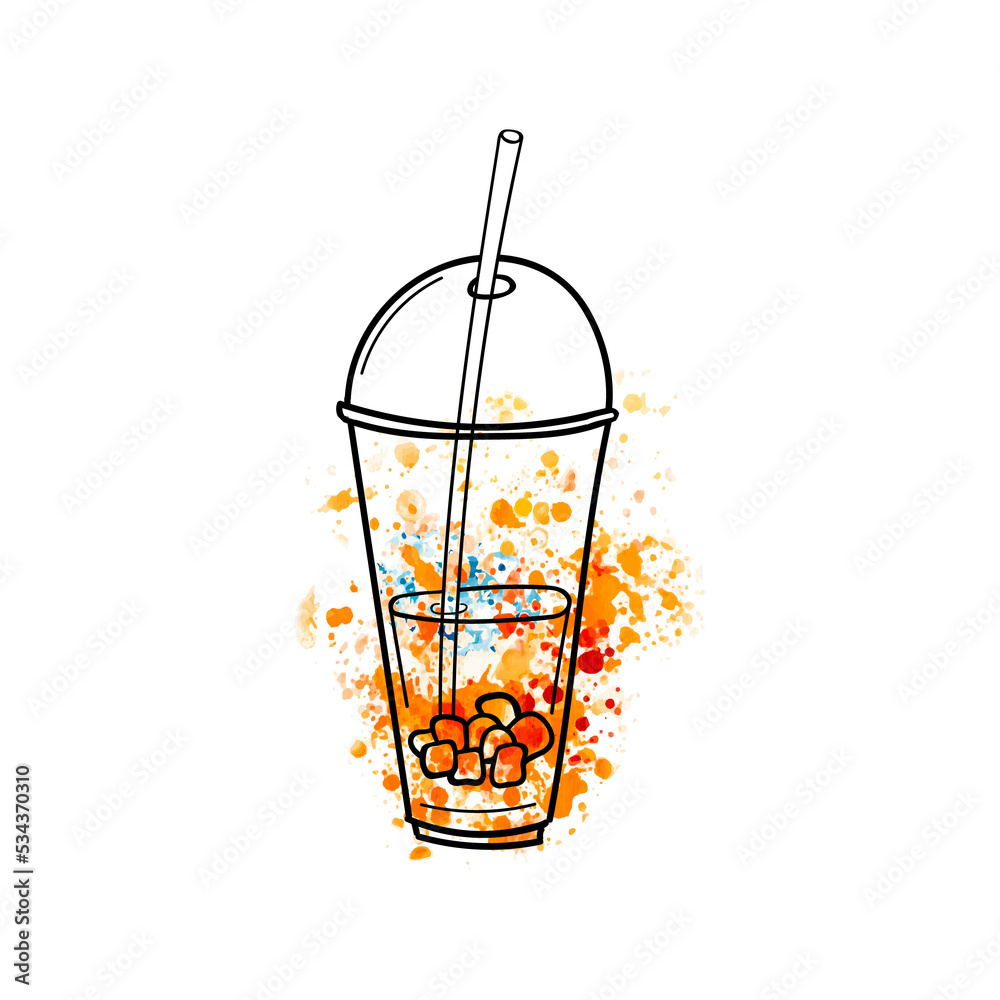 Takeaway plastic glass with iced coffee, tea or juice, ice cubes and straw. Doodle sketch style hand drawn vector illustration on watercolor stain background. For menu,bar,coffee shop, cafe,restaurant